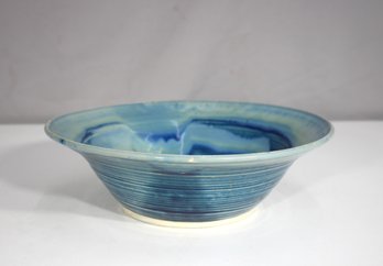 Studio Pottery Bowl Signed  10.5' Wide Wheel-Thrown Glazed Ceramic In Ocean Blues