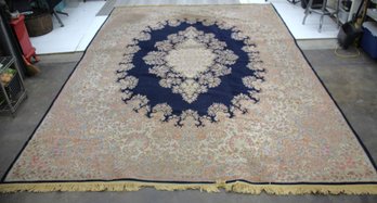 Large Wool Rug With Navy Central Medallion And Floral Motifs -142'x 104'