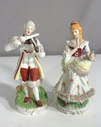 Vintage Porcelain Figurine Pair  18th Century-Style Musician & Lady  8.5H
