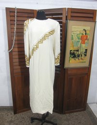 Vintage Ivory & Gold Beaded Geometric Gown  Art Deco Style  Size M/L