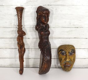 Lot Of 3 Antique Hand Carved Wooden Folk Art Pieces  Architectural Salvage Carvings & Painted Mask