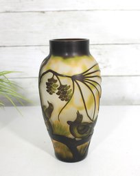 Art Nouveau Style Cameo Glass Vase  Bird & Pinecone Design  8' H