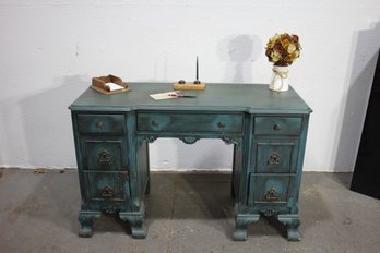 Vintage Blue Distressed Vanity Desk With Storage And Mirror