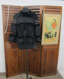 Alberto Makali Black Faux Fur & Lace Jacket W/ Sequin Detail  Size XL  As Is