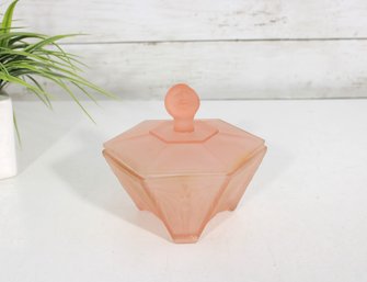 Art Deco Frosted Pink Glass Powder Jar W/ Figural Lid  5 X 5'