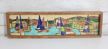 Harris G. Strong Hand-Painted Ceramic Tile Sailboat Harbor Wall Art 7' X 25'