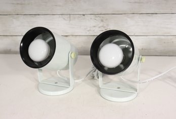 Pair Of Vintage Mid Century Modern Adjustable Spot Lamps  White Metal Table / Desk Accent Lights