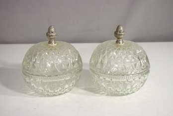 Pair Of Vintage Indiana Glass Diamond Cut Candy Bowls With Lids  Brass Acorn Finials