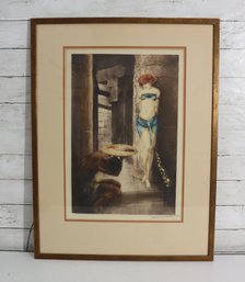 Framed Figurative Art Print  Signed  Dramatic Interior Scene  31' X 23.5'