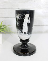 Vintage Black Glass Cameo Style Vase W/ Figural Etching  Pedestal Base  10' H