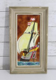 Vintage Hand-Painted Ceramic Tile Sailing Ship Wall Art Framed Nautical 14.5' X 8'