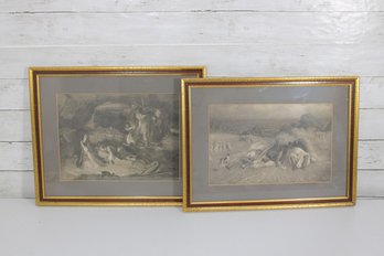 Pair Of Framed Classical Style Prints  Romantic / Mythological Scenes  18.5 & 18 Wide