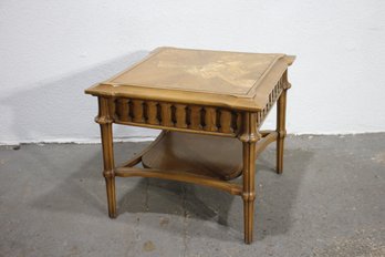 Vintage Wooden Side Table With Decorative Carvings And Lower Shelf