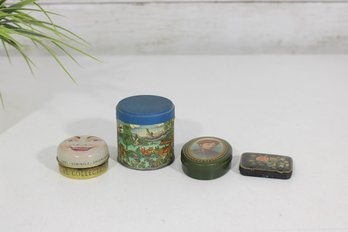 Vintage Decorative Tin Boxes Group Lot  Face Powder Tin, Scenic Cylinder, Portrait Oval & Floral Hinged Tin