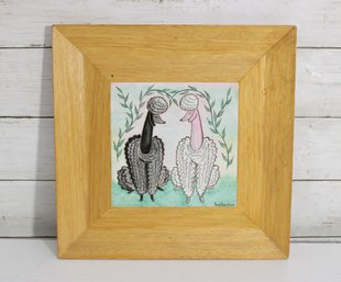 Whedore Signed Ceramic Tile Art Whimsical Sheep Folk Style Framed 11.5' X 11.5'