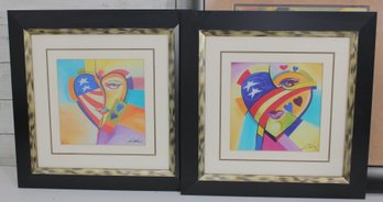 Set Of 2 Alfred Gockel Framed Art Prints  Colorful Modern Heart Faces  15.5 X 15