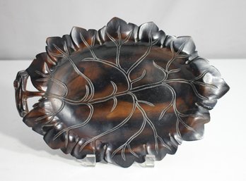 12.5' X 9' Vintage Carved Rosewood Leaf-Shaped Tray