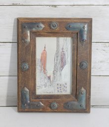 Signed New York Street Scene Drawing Framed Urban Cityscape Art 9' X 7'