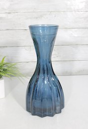 Vintage Blue Glass Swung Style Vase  Fluted Base  12' H