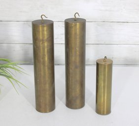 Lot Of 3 Vintage Brass Clock Weights  2 Tall 10' & 1 Small 6' Cylinder Weights