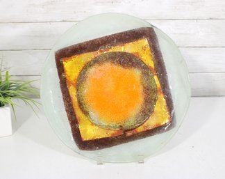 Mid-Century Modern 13' Round Art Glass Plate Orange & Amber Abstract Design