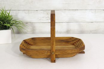 Vintage Handcrafted Wooden Basket Tray W/ Folding Handle  12 X 8 Signed