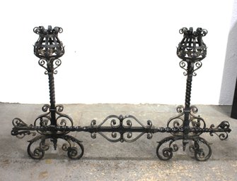 Set Of 3 Ornate Wrought Iron Fireplace Andirons And Fender
