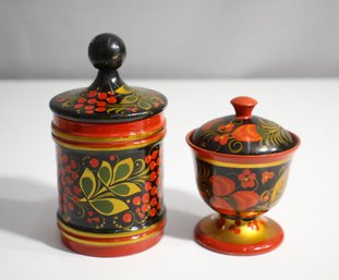2 Russian Handicraft Folk Art Golden Khokhloma Leaf And Berry Motif Hand-Painted