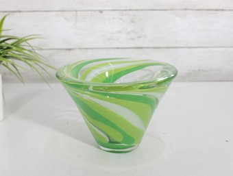 Hand Blown Art Glass Bowl  Green & White Swirl  4.5 H X 6.5' Round