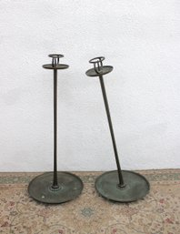 Pair Antique Japanese Style Bronze Shokudai Candle Stands 30.5' Tall
