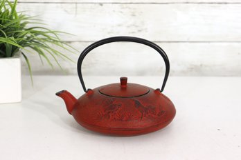 Vintage Japanese Red Cast Iron Teapot W/ Rooster Design  3 Tall W/ Infuser