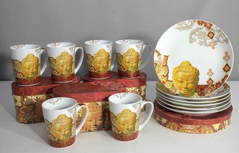 Set Of 8' Round Plates And 4' Mugs With Golden Buddha Design