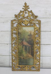 Antique Ornate Brass Frame With Landscape Painting On Board  18' X 7.5' Vertical Wall Art