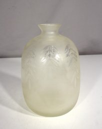 Vintage Frosted Glass Vase With Etched Leaf Design  8 Tall  Art Deco Style