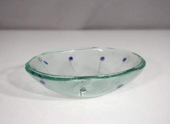 Studio Art Glass Bowl With Blue Dot & Wire Inlay  6' Round  Hand-Blown Modern Design