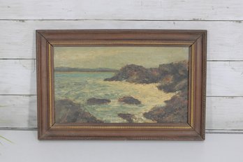 Vintage Coastal Seascape Oil Painting  Rocky Shoreline  Signed  9.5' X 14.5'