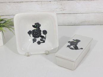 Vintage 1950s Glidden Chi-Chi Poodle Dish & Lidded Box Set  Mid Century Modern  8' Plate / 9' Box