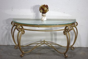 Modern Gold Metal Console Table With Glass Top  Scroll Design