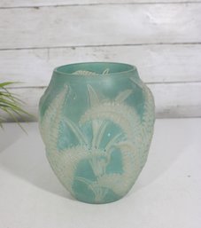 Phoenix / Consolidated Art Glass Vase  Robins Egg Green Fern Leaf Design  7'H  Vintage