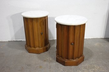 Pair Of Vintage Marble Top Round End Tables With Wooden Storage Base