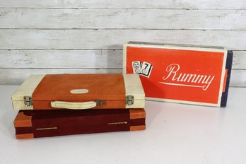 Lot Of Vintage Game Sets  Rummy Tile Game Sets In Cases  Backgammon Travel Case Set