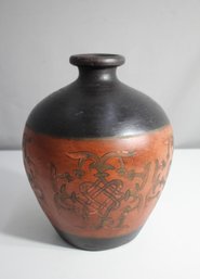 Vintage Large Curved Hand Painted Rustic Red And Black Ceramic Vase With Floral Motif