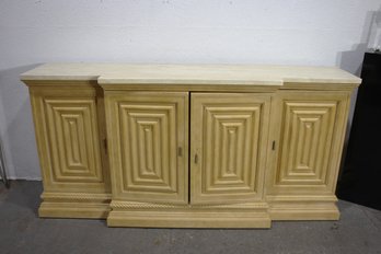 Vintage Cream Wood And Marble Top Credenza With Hidden Storage