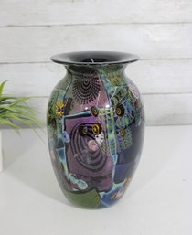 Signed Peter Vanderlaan Art Glass Vase  9/98 Studio Piece  Iridescent Abstract Design  9.5'H