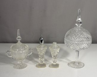 Vintage Cut Glass Crystal Tableware Set  Covered Compotes & Salt/Pepper Shakers