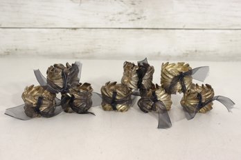 Set Of 8 Vintage Leaf Design Napkin Rings W/ Ribbon  Gold Tone  1.5 Tall