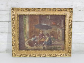Vintage Framed Childrens Scene Art Print  Ornate Gold Frame, 14.5' X 17.5'
