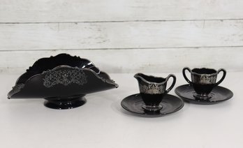 Vintage Black Glass Silver Overlay Serving Set  Bowl, Creamer & Sugar On Saucers