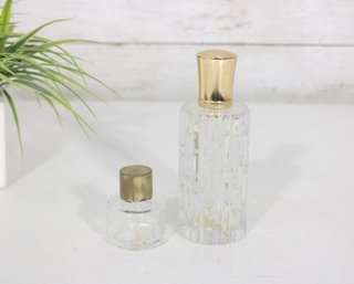 Pair Of Vintage Glass Perfume Bottles  Clear Cut Glass & Round Bottle  Gold Tone Caps  Bottle Only