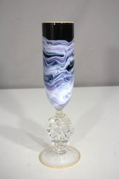 Signed Studio Art Glass Goblet  10' Tall  Swirled Cobalt & Lavender Bowl With Sculpted Face Stem